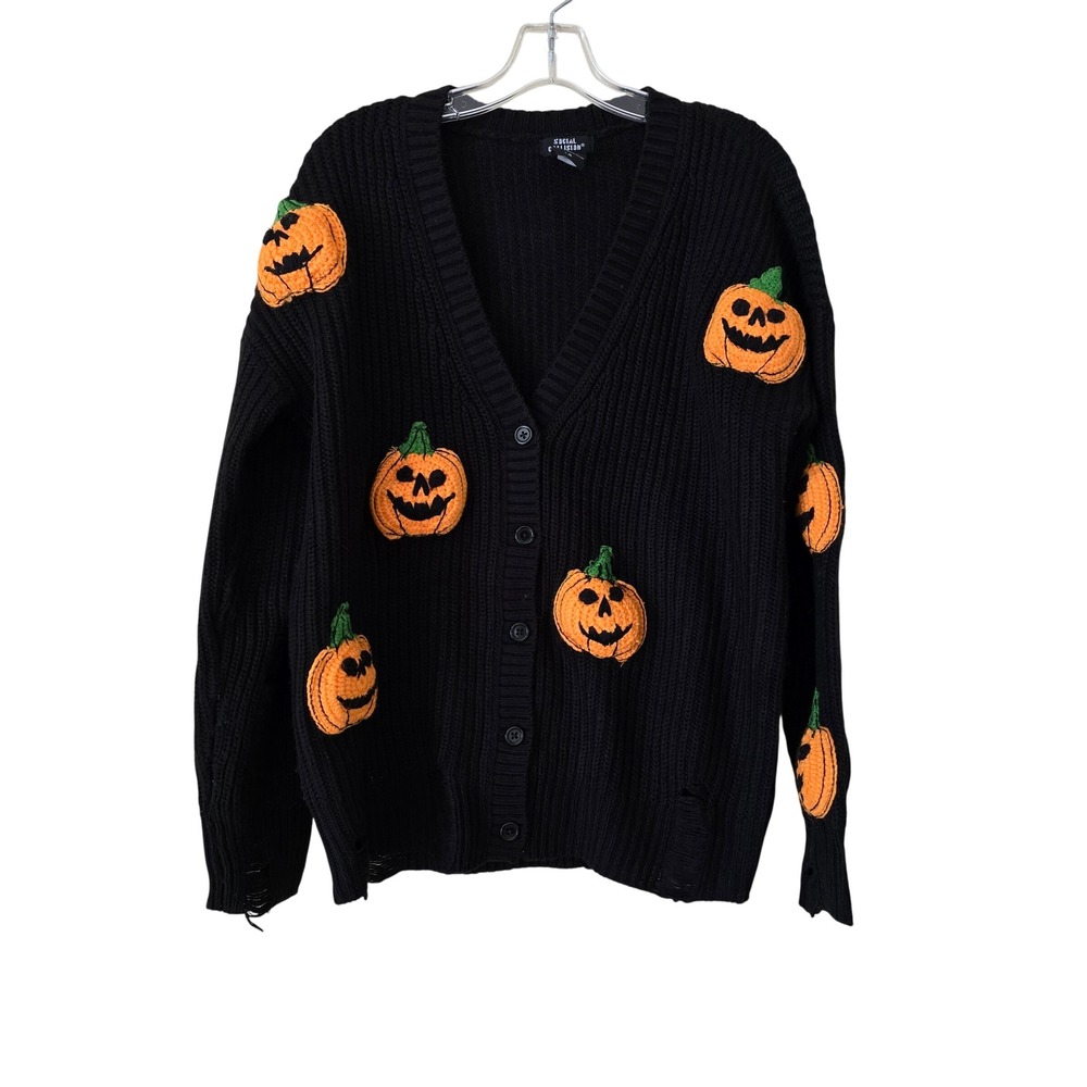 Social Collision Pumpkin Jack-O-Lantern Distressed‎ Cardigan Sweater Black Large